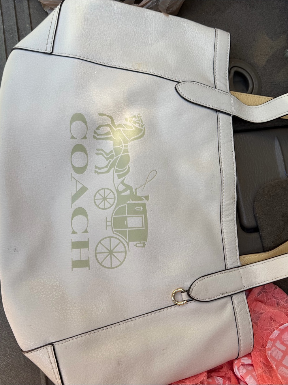 COACH White Leather Tote with Green Logo Print